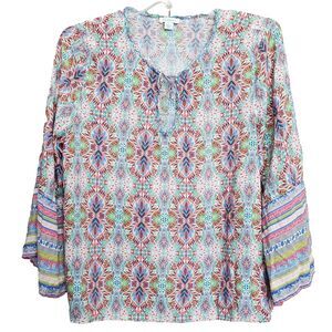 Sundance Modal Kaleidoscope Geo Pattern Tie-Neck Peasant Top Size Large Boho